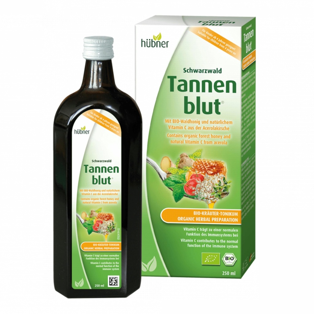 Hubner Tannenblut Preparação de ervas orgânicas, xarope de tosse de mel, suporte de garganta fria e dolorida, alívio calmante, suplemento de vitamina C para adultos e crianças 4 e mais velhos, Kosher e álcool, 250 ml
