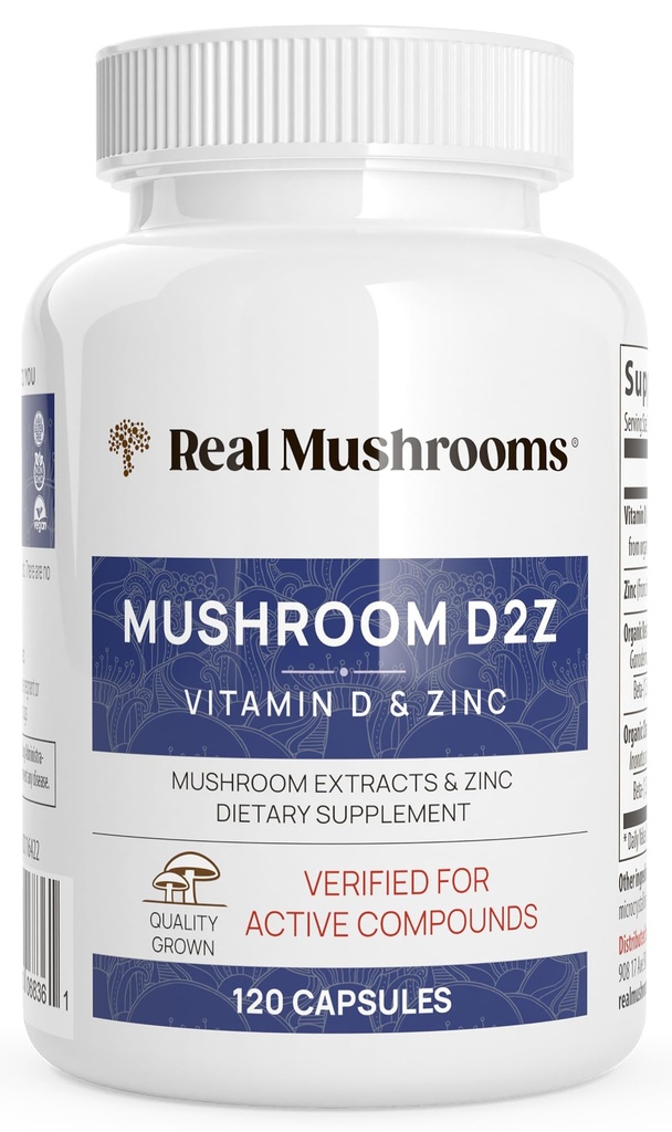 Reais Cogumelos Zinco e Vitamina D2 Cápsulas – com Chaga Orgânica e Reishi Extratos de Cogumelo – Vitaminas para o apoio global bem-estar – Vegan, Não-GMO, Sem glúten – 120 Suplemento Count Mushroom