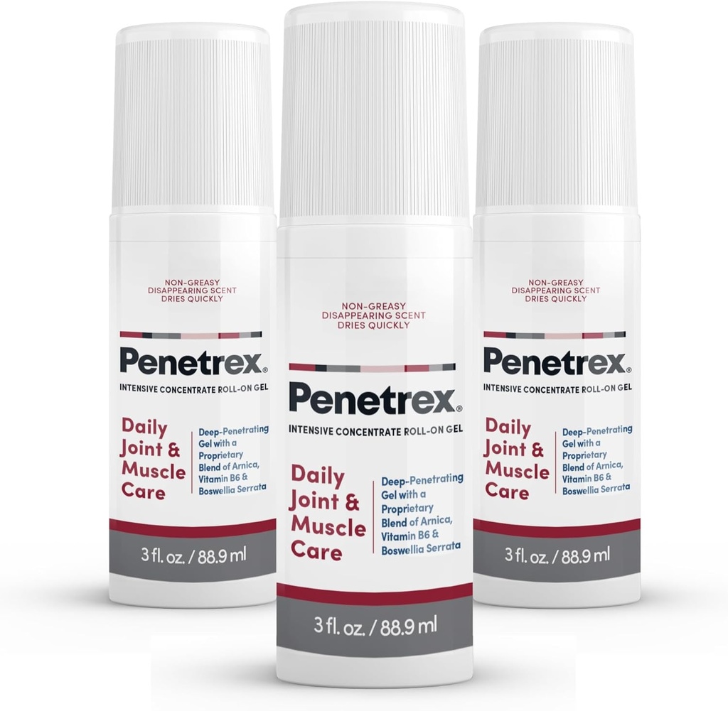 Terapia articular e muscular Penetrex - Gel calmante para costas, pescoço, mãos, pés - Esfregadura Corpo inteiro Premium com Arnica, Vitamina B6 e HSH - 3 onças Roll On Gel (3-Pack)