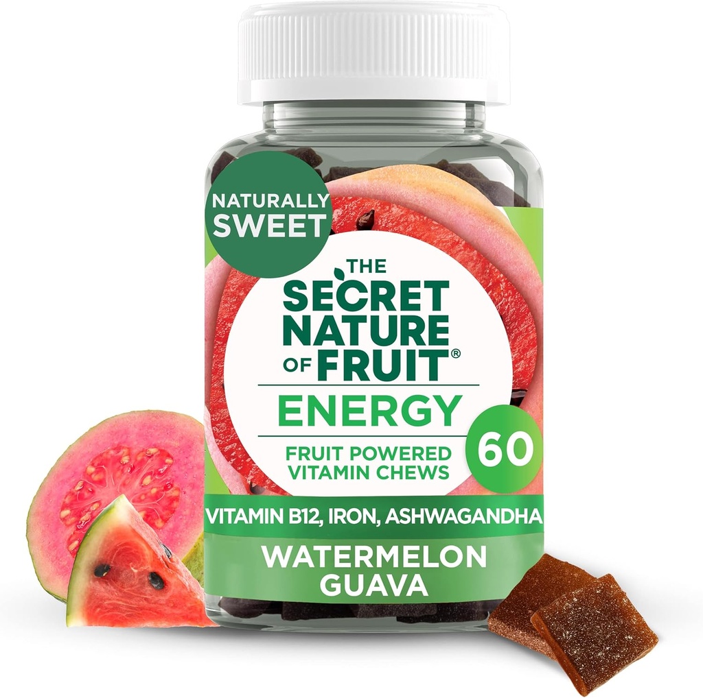 A natureza secreta da energia dos frutos mastiga, verdadeira fruta alimentado mastiga Vitamina com vitamina B12, ferro, Ashwagandha, melancia e goiaba para a energia de longa duração (60 Conde), rosa