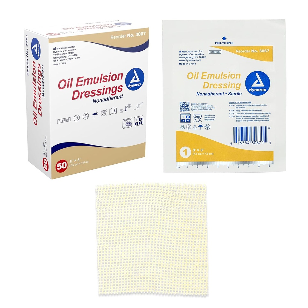 Vestidos de emulsão de óleo Dynarex, Cuidado de Ferida, Absorvente, 3” x 3” Gaze esterilizado Vestido com mistura de emulsão de Petrolatum e óleo de girassol, 1 caixa de 50 curativos de emulsão de óleo
