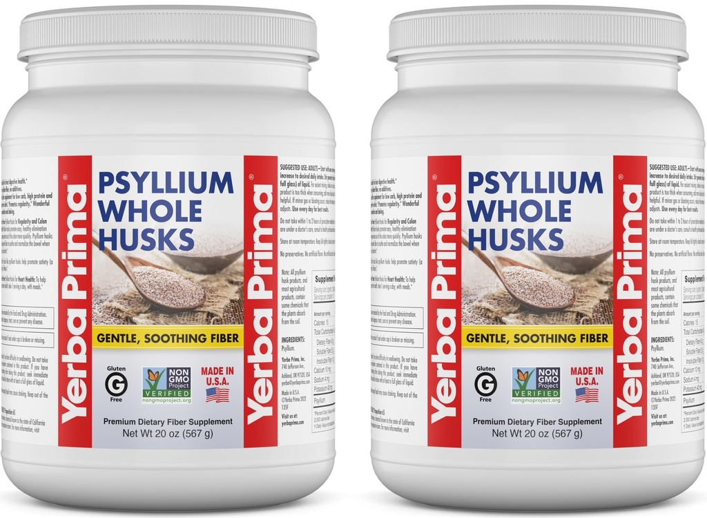 Yerba Prima inteiro Psyllium Husk Fiber Suplemento 20 oz (Pacote de 2) - Vegan, Sem glúten, Não-GMO