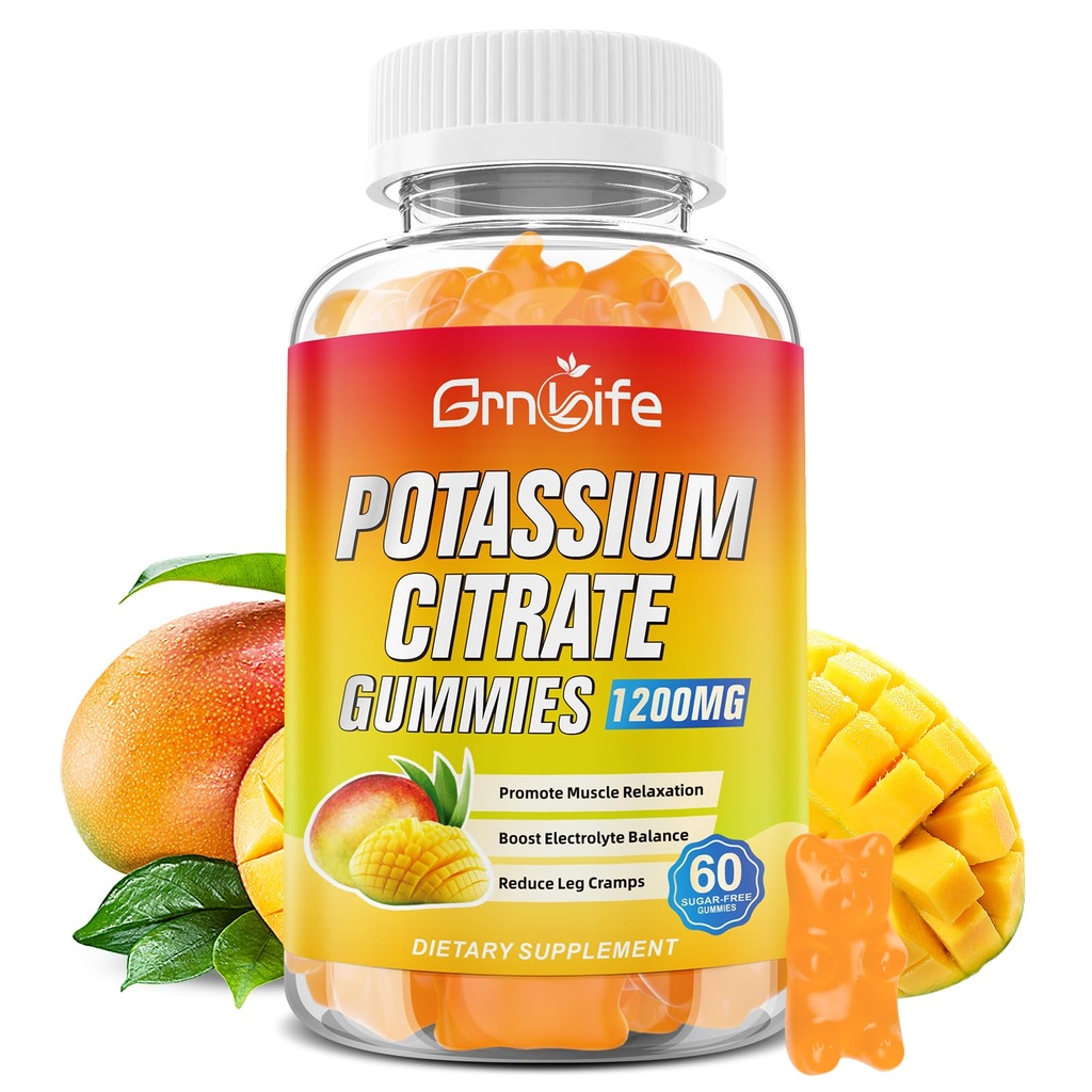 Pastilhas de citrato de potássio, pastilhas de alto suplemento de potássio 1200mg para adultos e crianças, Suporte Cães de pernas e saúde muscular, Vegan, Mango Flavor 60 Conde