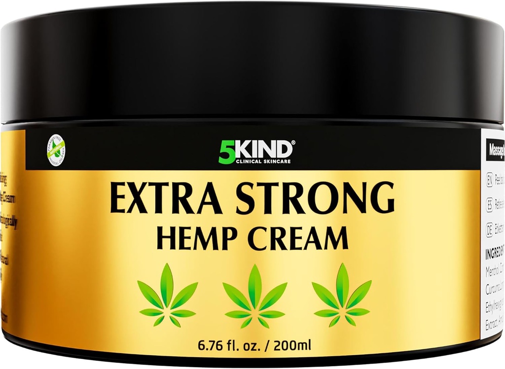 5kind Extra Strong Hemp Cream 6.76 fl oz- Força Máxima - Natural Alivio Alivio Creme comum - Esfregue muscular para as costas inferiores, articulações, pescoço, joelhos e ombros