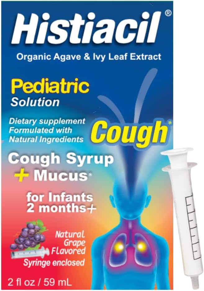 Histiacil Organic Agave Jarabe para TOS, Infants 2 Meses e Idosos, Tosse + Alivio de Mucus Made with Agave & Ivy Leaf Extract, Fórmula Pediátrica para Crianças durante o dia Mucus Grape Flavor, 2 fl oz