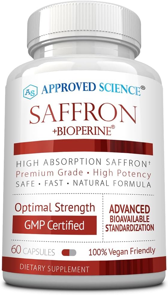 Aprovado Science® Saffron padronizado para 3% Crocin, Safranal 2% - BioPerine de alta absorção - Vegan, 60 Cápsulas - Pacote de 1
