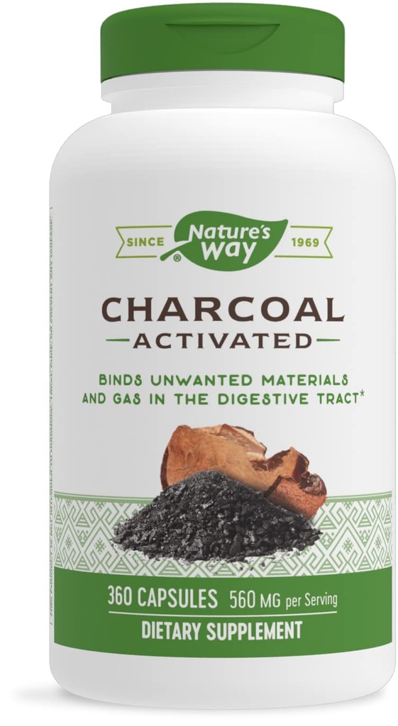 Charcoal Ativado Maneira da Natureza, liga materiais não desejados e gás no trato digestivo*, 560 mg por 2 Capsule Serving, 360 Cápsulas (Pacote de Vary Maio)