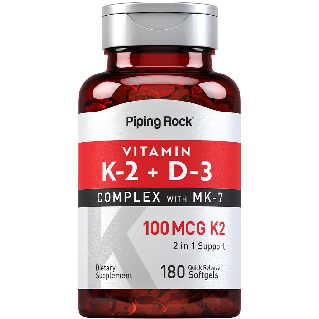 Piping Rock Vitamina K2 D3 Suplemento .100 mcg . 180 Softgels .Complexo com MK7 .