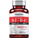 Piping Rock Vitamina K2 D3 Suplemento .100 mcg . 180 Softgels .Complexo com MK7 .