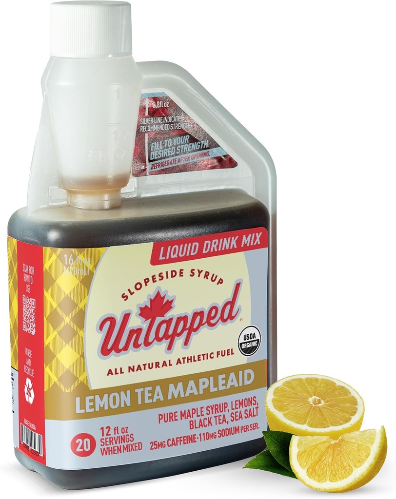 Intapped Lemon Tea Mapleaid - 20 Servings 16 fl oz garrafa em massa Organic Maple Syrup, suco de limão & chá preto Running combustível energizante Eletrólitos e cafeína Naturalmente alimentado por Puro Vermont Maple