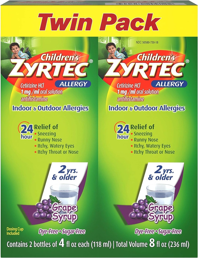 Zyrtec 24 Hr Syrup Alergia Infantil com Cetirizina, Uva sem Açúcar, Embalagem Twin de 4 fl. oz