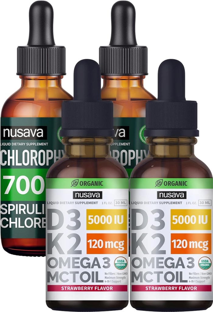 NUSAVA Strawberry Flavored D3 K2 Drops e Chlorophyll Liquid Drops Bundle - Vitaminas Líquidas Potentes para Coração, Junta, Energia e Suporte Imune - Não-GMO, Gluten-Free, 2pk Cada