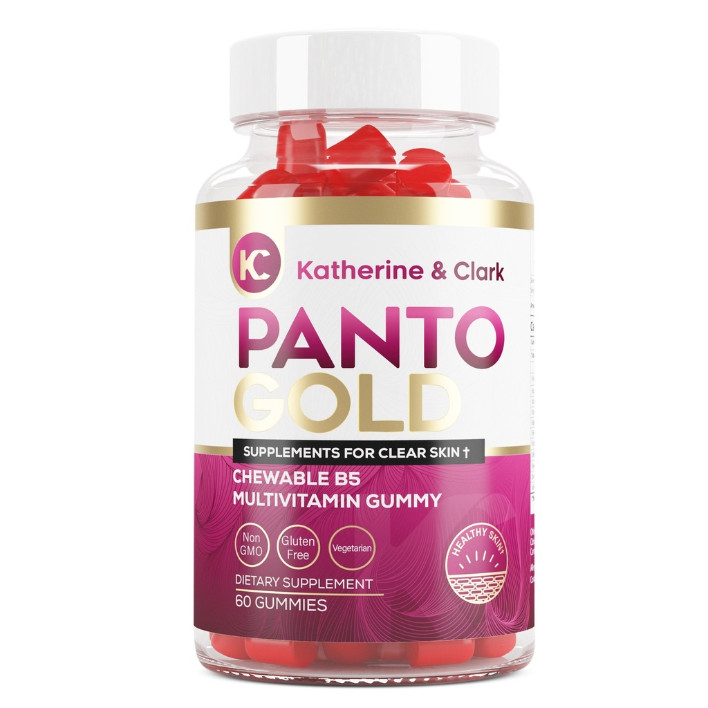Katherine & Clark Panto Gold Vitamina B5 Pastilhas de ácido pantotênico para acne - Pele de cabelo e unhas chicletes - Biotina, zinco, ácido fólico mastigável não-GMO Gluten-free para o corpo - gomas de pele oleosa - 60 Contagem