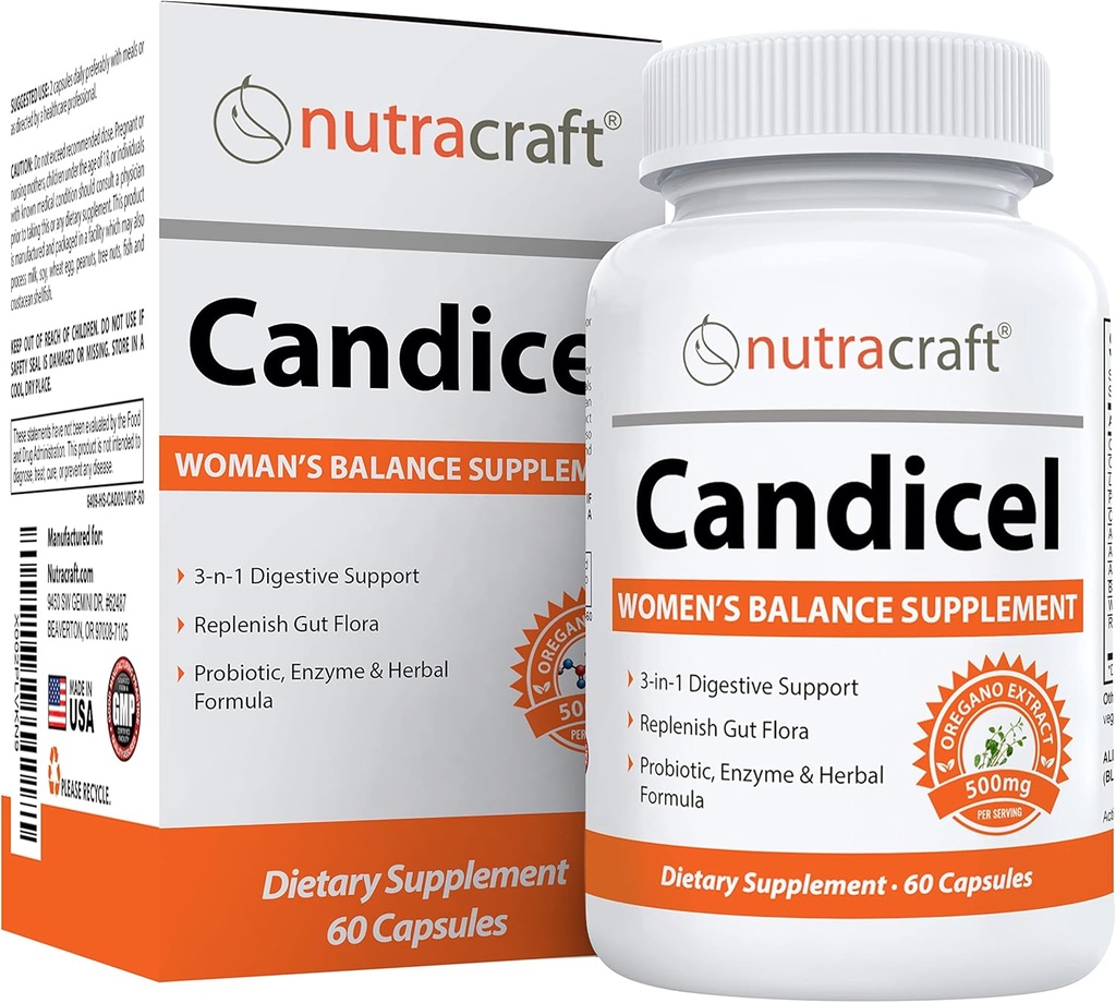Nutracraft Candicel #1 Suplemento floral intestinal , Ácido Caprílico, Orégano, Wormwood, Black Walnut & Probióticos para suporte de crescimento excessivo , 60 Cápsulas (Não-GMO)