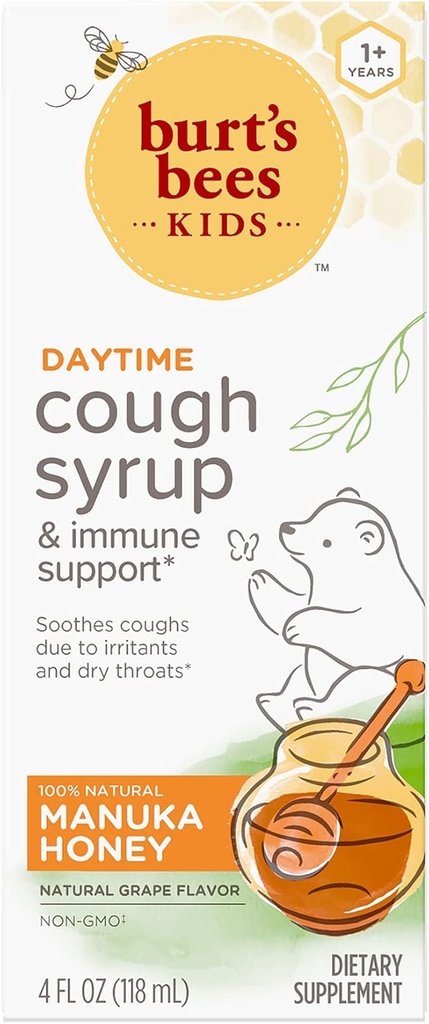 Burt's Bees Kids Daytime Cough Syrup e Imune Support, Natural Grape Flavor, Suplemento dietético, 4 Fl Oz