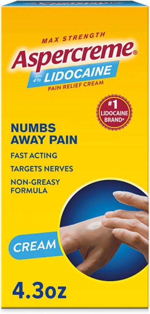 Aspercreme Lidocaína Creme de alívio da dor acalma nervos agravados, entorpecente analgésico tópico com Max-Forte 4% Lidocaína & Hidratante Aloe, 4.3 Oz.