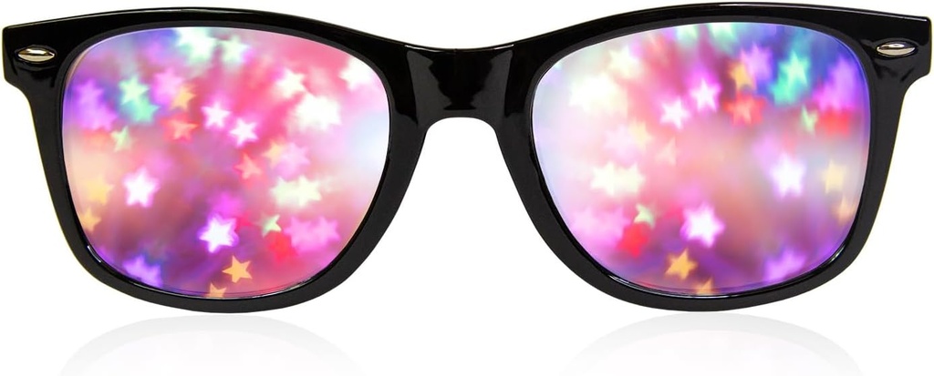 Óculos GloFX Black Frame Star Difraction – Laser Etched for Stunning Starburst Light Effects, Flexível e Durável, Perfeito para Raves & Festivais