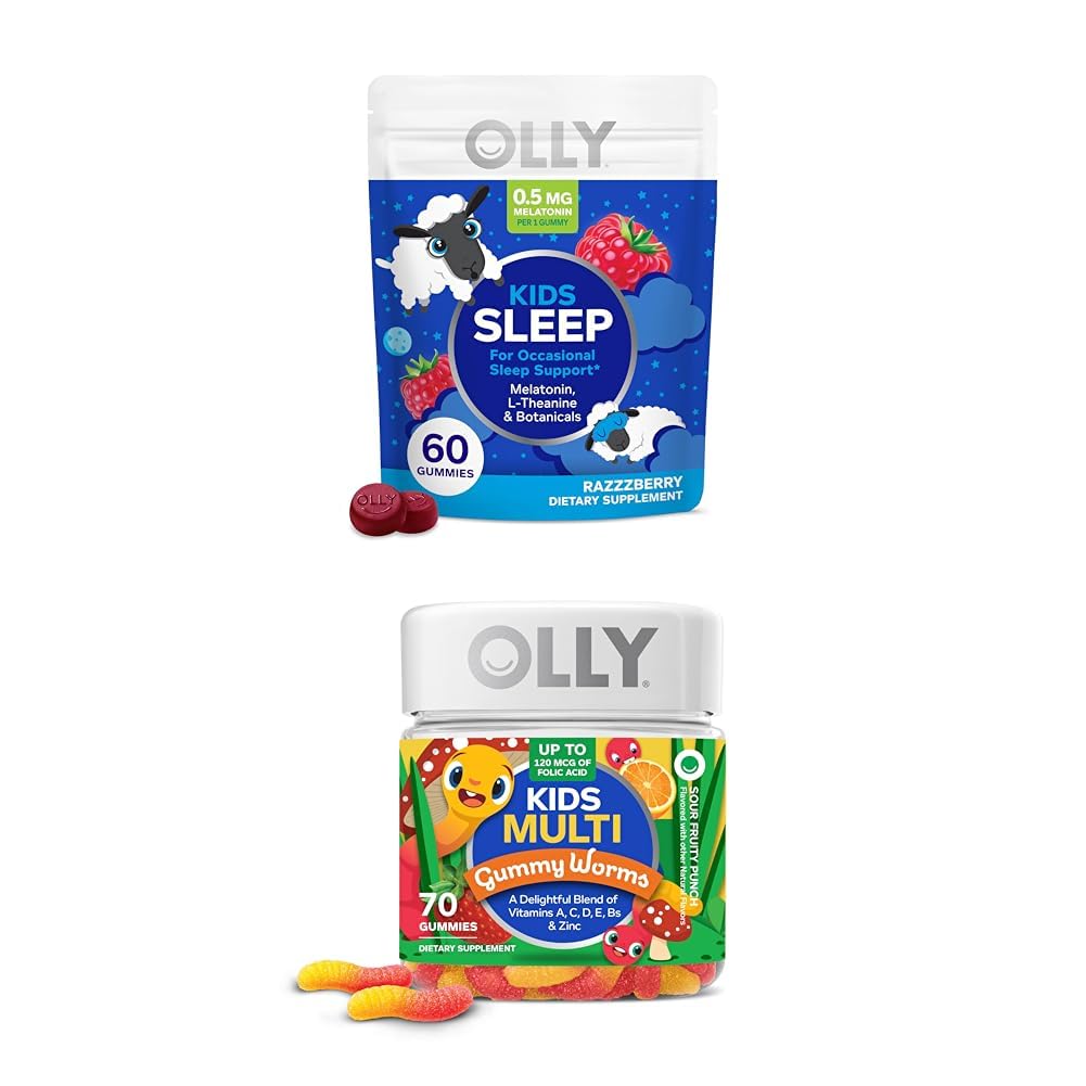 OLLY Kids Sleep Gummy, Melatonina, L Theanina, Camomila, 60 Count and Kids Multivitamin Gummy Worms, Vitaminas A C D E Bs Zinc, 70 Count