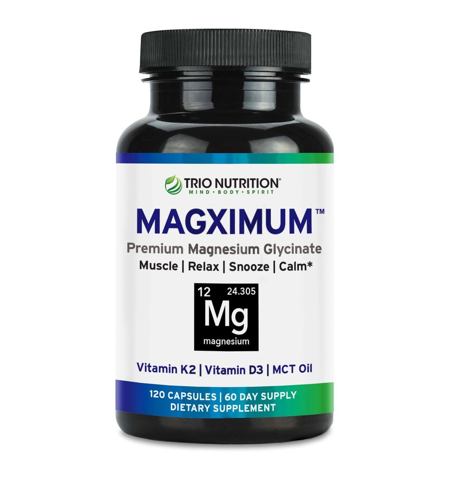 Trio Nutrição MagX Glicinato de Magnésio, Vitamina D3, Vitamina K2 & MCT Oil □ Suplemento de Magnésio Quelado □ Calmo, Relaxação e Recuperação