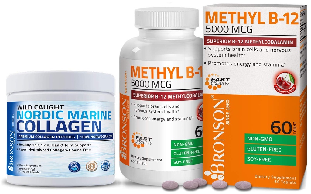 Bronson Marine Colágeno Peptídeos Proteína Hidrolisada Pó + Metil B12 5000 mcg Vitamina B12 Metilcobalamina