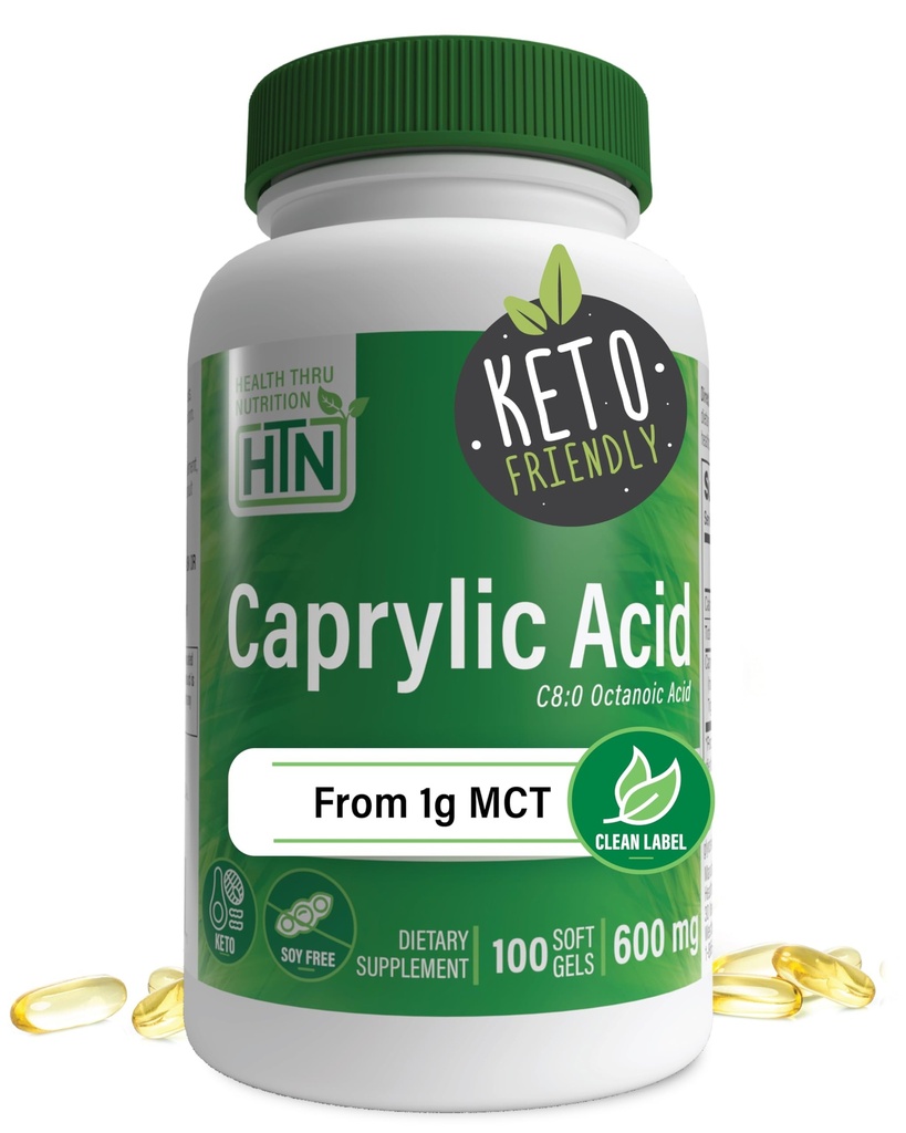 Saúde Thru Nutrition Caprylic Acid 600mg 100 Softgels C8 Octanoic Acid from Pure 1g MCT Oil (Óleo puro de 1g MCT) Não-GMO e Soja Grátis (Saúde Digestiva e intestinal saudável)