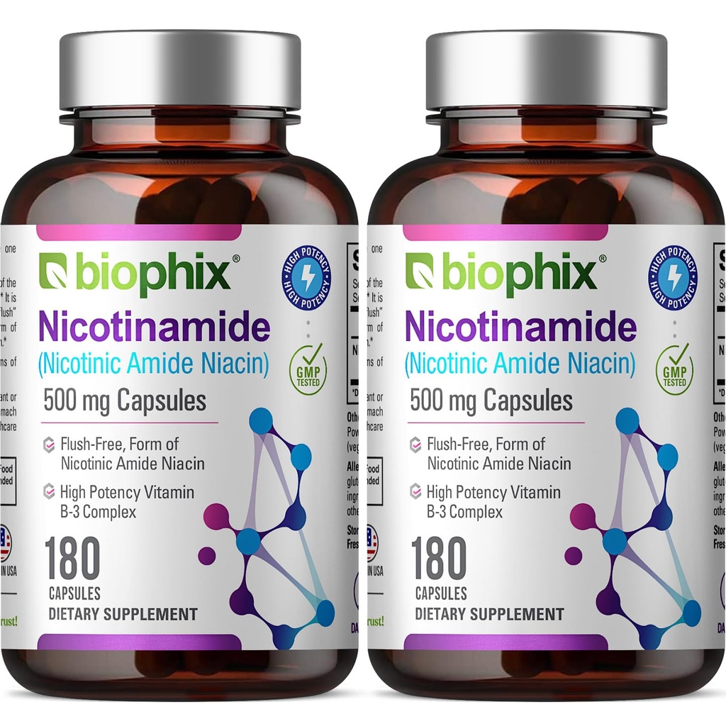 Biophix B-3 Nicotinamida 500 mg 180 Caps 2 Pack - Nicotínico Amide Niacin Natural Flush-Free Vitamina Fórmula - Apoia a saúde da pele