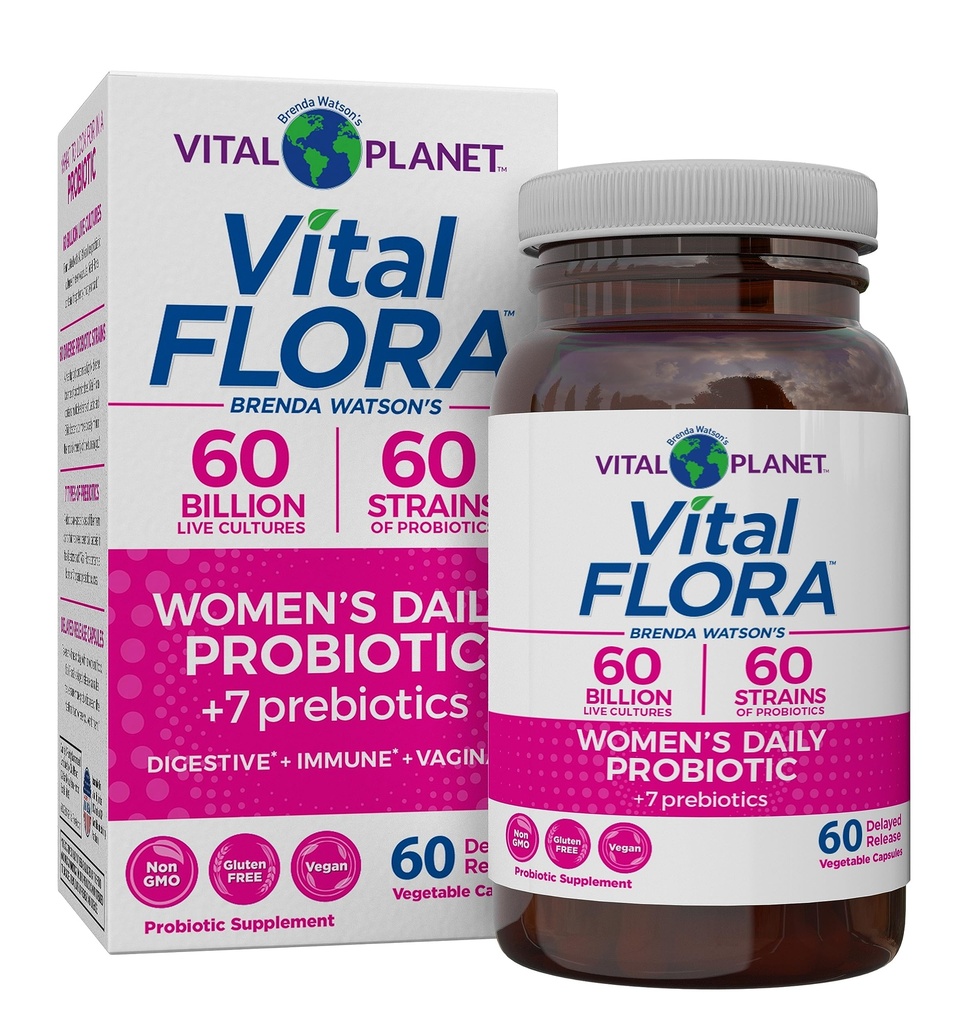 Planeta Vital - Flora Vital Probiótico diário das mulheres 60 bilhões UFC, 60 Strains Diversos, 7 Prebióticos Orgânicos, Suporte Vaginal e Imune, Bloating, Probióticos Digestivo Saúde para Mulheres 60 Cápsulas