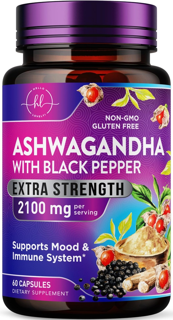Ashwagandha 2,100 mg - Suplementos Ashwagandha para Mulheres em Cápsulas Veggie com Pó e Extrato de Raiz, Pimenta Preta para Alta Absorção, Planta Baseada, Não-GMO, Engarrafada nos EUA - 60 Cápsulas Veggie