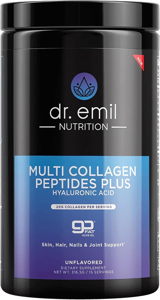 DR. NUTRIÇÃO EMIL Multi Colágeno Peptídeos Pó - 20g de Pó de Proteína de Colágeno Hidrolisado Não-Flavorado com Ácido Hialurônico para Cabelo, Pele, Unhas e Articulações - 15 Servings