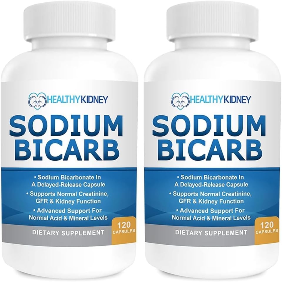 Bicarbonato de sódio 650mg Cápsulas de liberação tardia para apoiar a função renal normal e suplemento renal. Bicarbonato de sódio para alívio ácido, alcalinidade 120 comprimidos 2-Pack