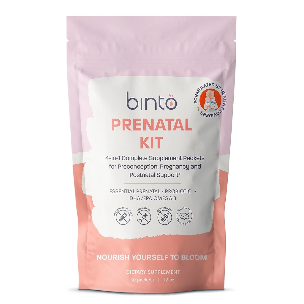 Kit pré-natal Binto - Suplementos 4-em-1 para Mãe saudável e bebê - Fonte de 30 dias - Multivitamina, Probióticos, Ferro, DHA, Folato Metilado e Ácido Fólico - Não-GMO, Sem glúten, Vegetariano