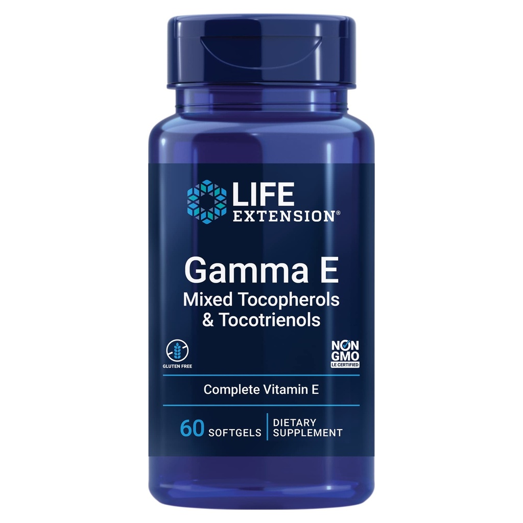 Extensão de vida Gamma E Tocoferols mistos e tocotrienols – Espectro completo de vitamina E, Proteção antioxidante – Não-GMO, sem glúten – 60 Softgels