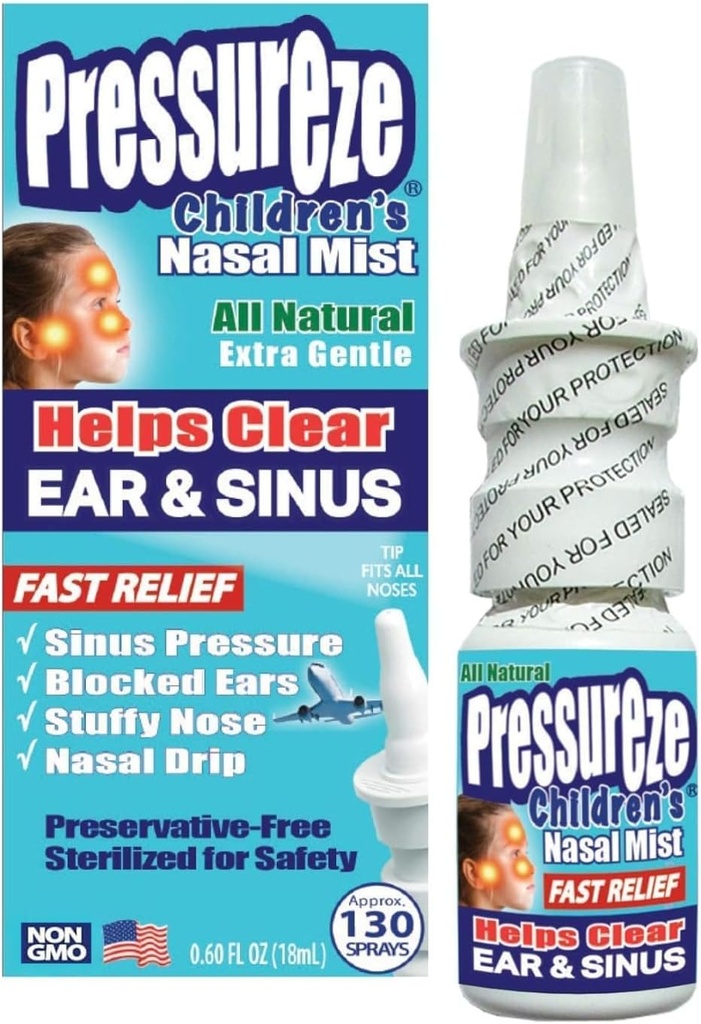 Pressureze Todos Natural Preservative-Free Sterile Nasal Spray para crianças - rápido alívio Nasal Spray - para Sinus Allergies & Congestion □ 130 Sprays, 18 ml