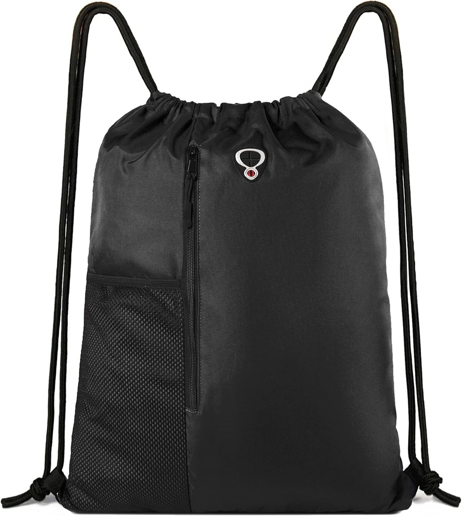 BeeGreen Black Drawstring Backpack saco de ginástica para homens mulheres String esportes mochila com água garrafa malha bolsos e 2 Zippered bolso grande cinch pacote saco de treino 16" x 20"