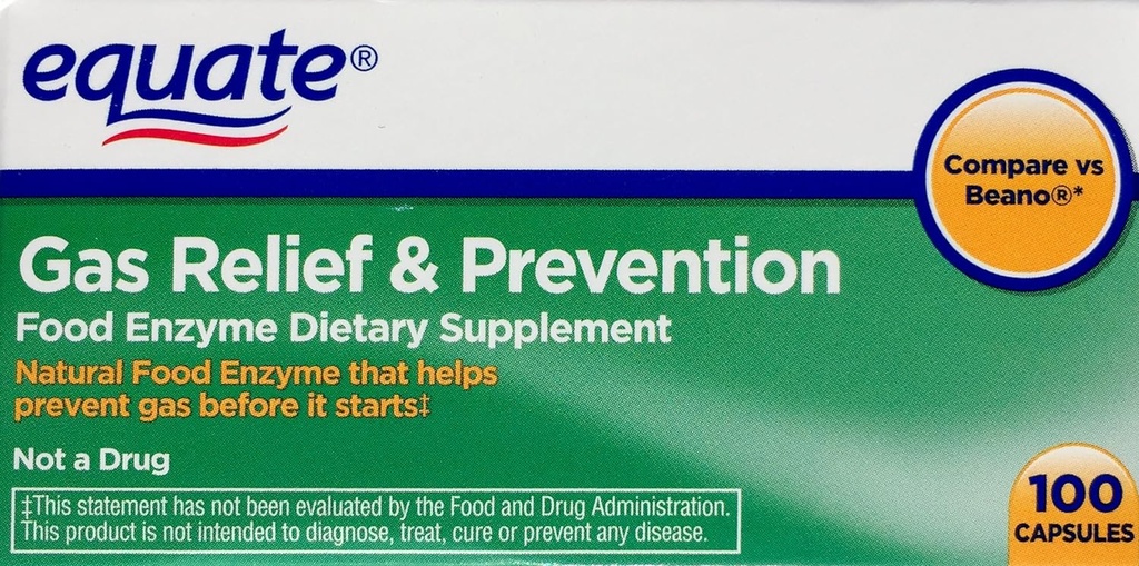 Equate Gas Relief & Prevention Food Enzyme Dietary Supplement, 100ct, Compare com Beano