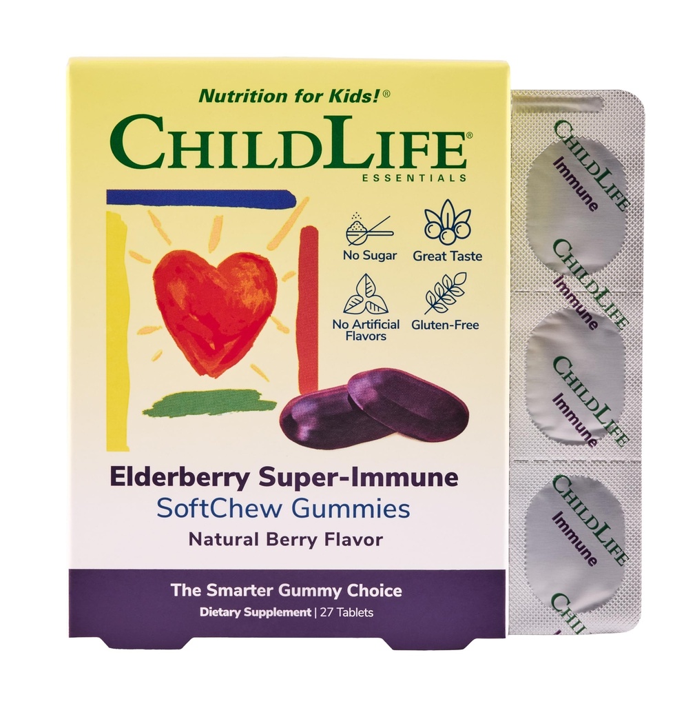 FILHOS ESSENCIAIS Elderberry Super-Imune Pastilhas Macio para Crianças - Suporte Imune com Vitamina C e Vitamina D3, Suplemento Imune Elderberry para bebês, crianças e crianças - Berry, 27 Softchews