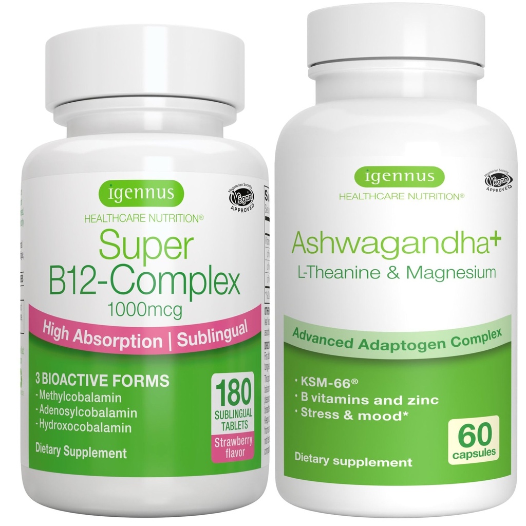 Super B12-Complexo 1000mcg + Avançado Ashwagandha KSM-66, L-Theanina & Pacote de Magnésio, Alta Absorção Sublingual Vitamina B12 + Complexo de Adaptogênio Multi Ação, por Igennus
