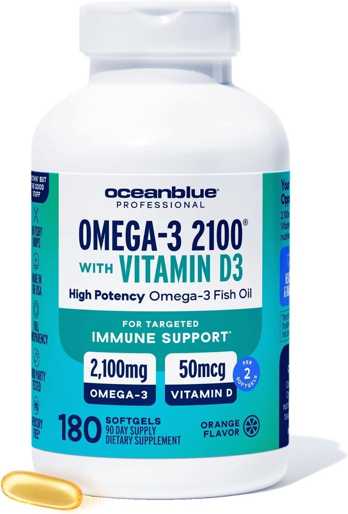 Oceanblue Professional Fish Oil com Vitamina D3 – Força Tripla 2100mg Omega 3 DPA EPA DHA – Wild Caught