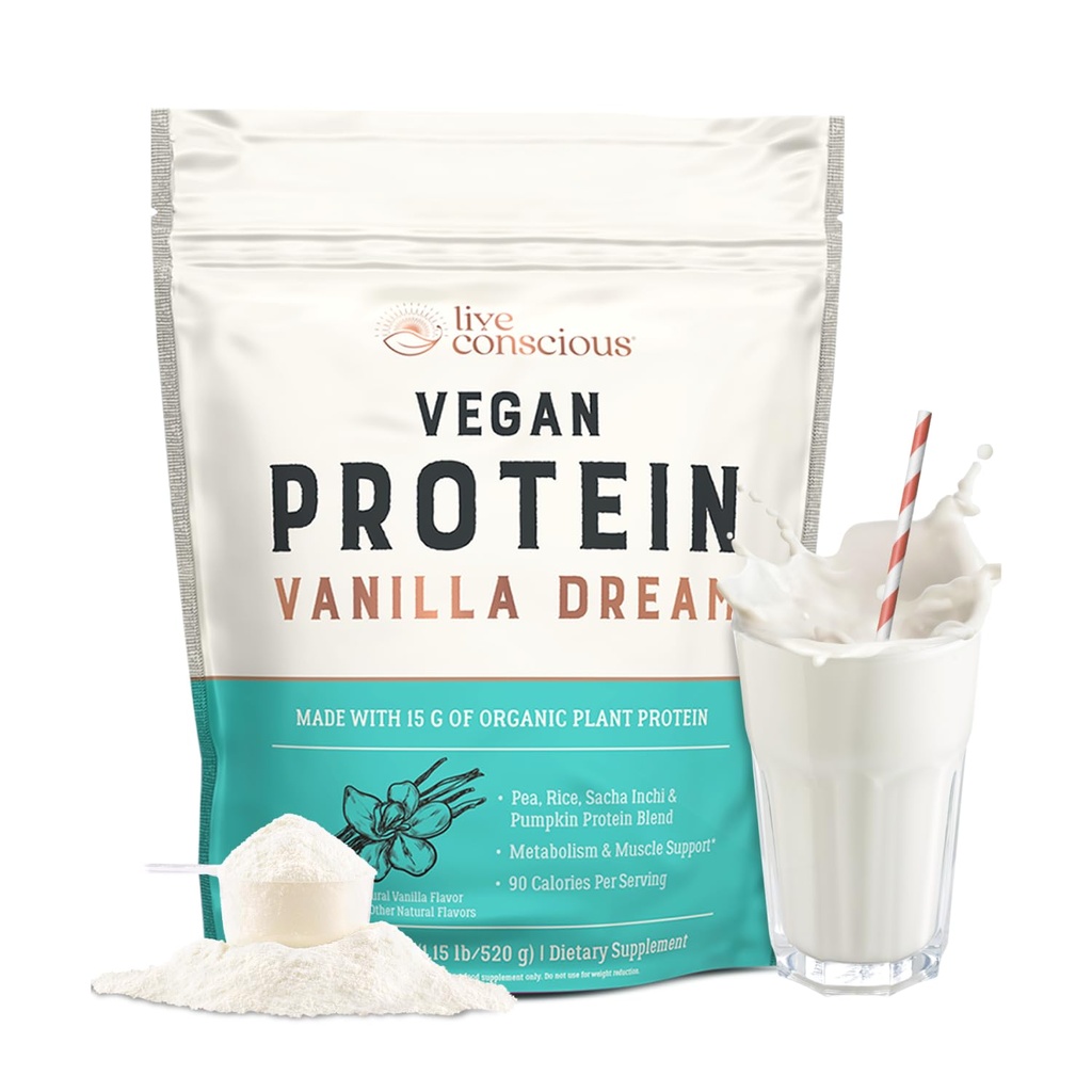 Viva consciente Vegan proteína de ervilha em pó - Vanilla sonho sabor , planta-baseada Vegan proteína mistura - ervilha, arroz marrom, abóbora, Sacha Inchi , 20 Servings 18 oz