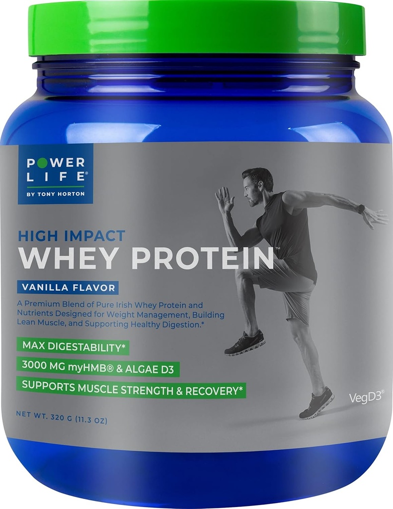 POWERLIFE Tony Horton proteína de whey alimentado de grama de alto impacto com 3000 MG de HMB, Sem açúcar adicionado, Não-GMO, Hormônio e Antibiótico Livre, 15 Servings (Vanilla)
