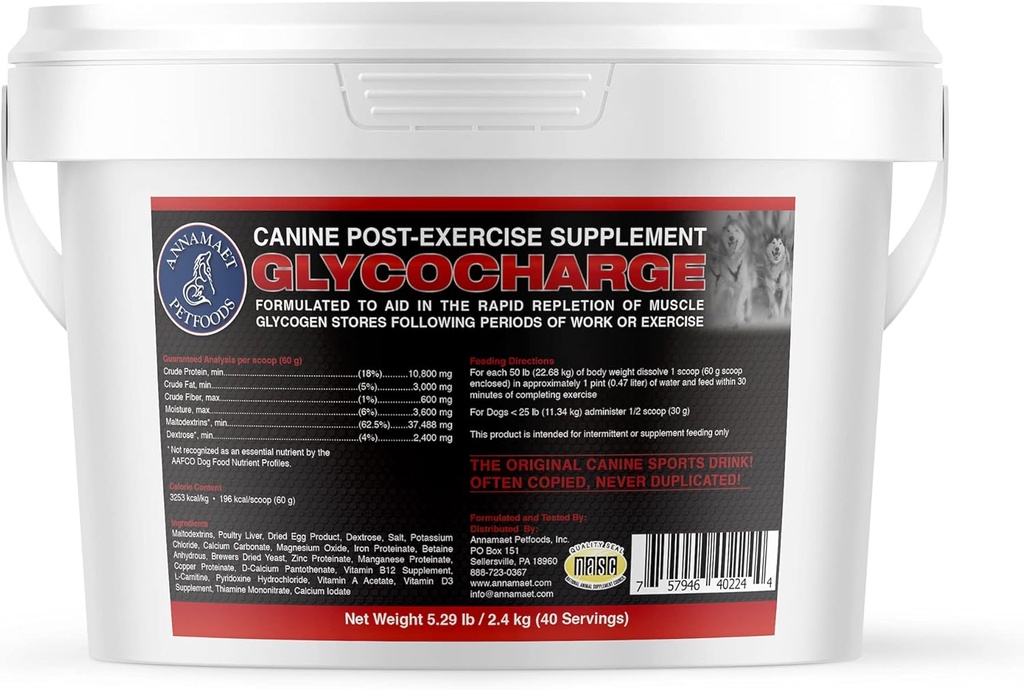 Annamaet Glycocharge – Suplemento pós-exercício para atletas caninos e cães de trabalho – com Maltodextrinas para ajudar a recuperar Glicogênio muscular para recuperação mais rápida - 2,4 kg