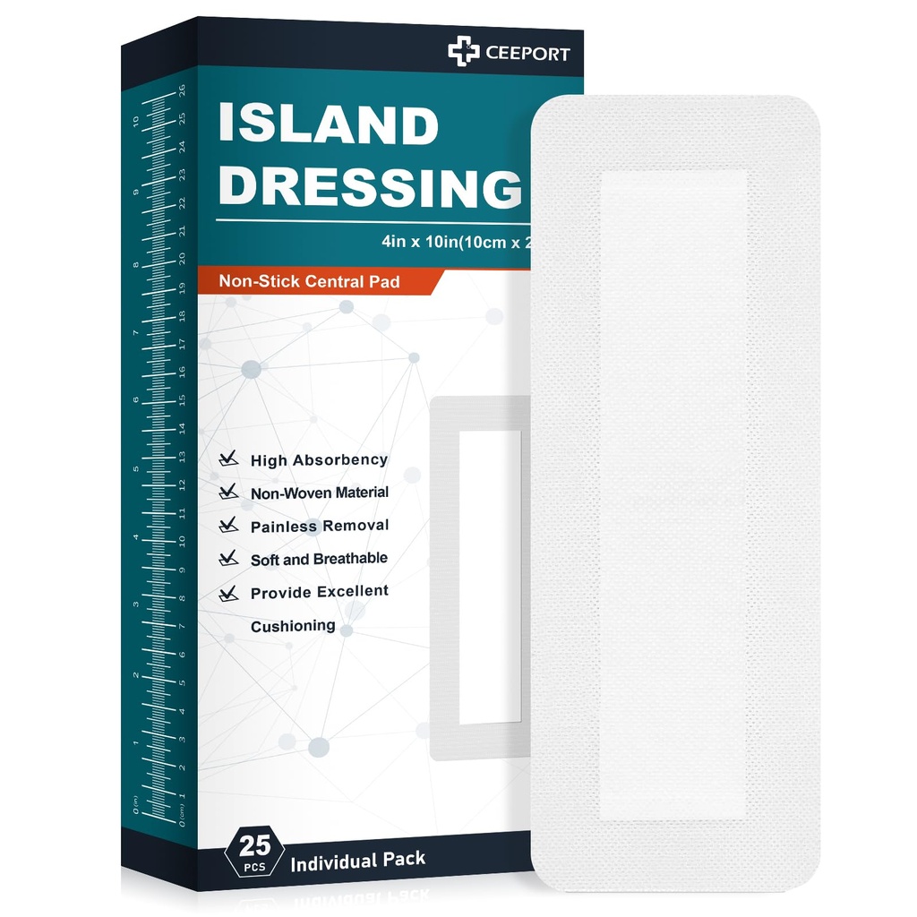 Island Dressing Bordered Gauze 4 "x10", 25 individualmente embalado não-Stick Pad no centro com borda adesiva, suave e altamente absorvente médico grau Dressing Gauze Pad para cuidados de ferida e primeiros socorros