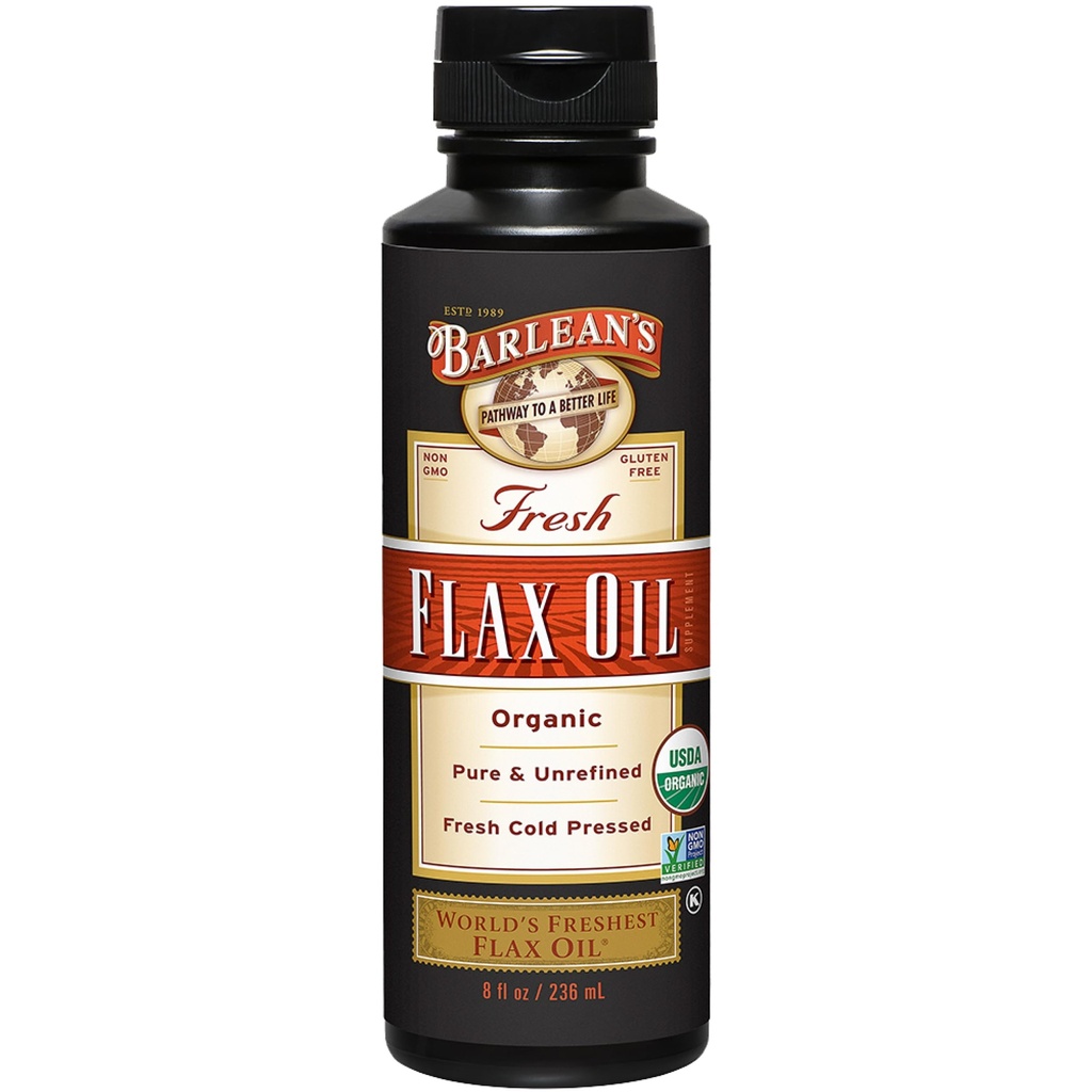 Óleo de Linho Orgânico de Barlean de sementes de linho fresco prensado frio, 7,640mg ALA Omega 3 Suplemento ácido gordo para a pele e cuidados com o cabelo, Vegan & Gluten Free, 8 oz