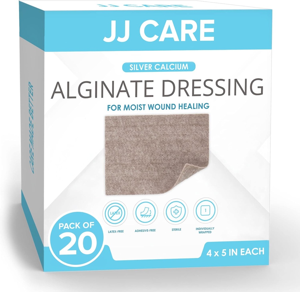 JJ CUIDADO Silver Alginate Alginate Wound Dressing (Pack of 20) 4x5, Silver Alginate Wound Dressing Individualmente embalado, Altamente absorvente Não-Aderente Bandagens para Cuidado da Ferida