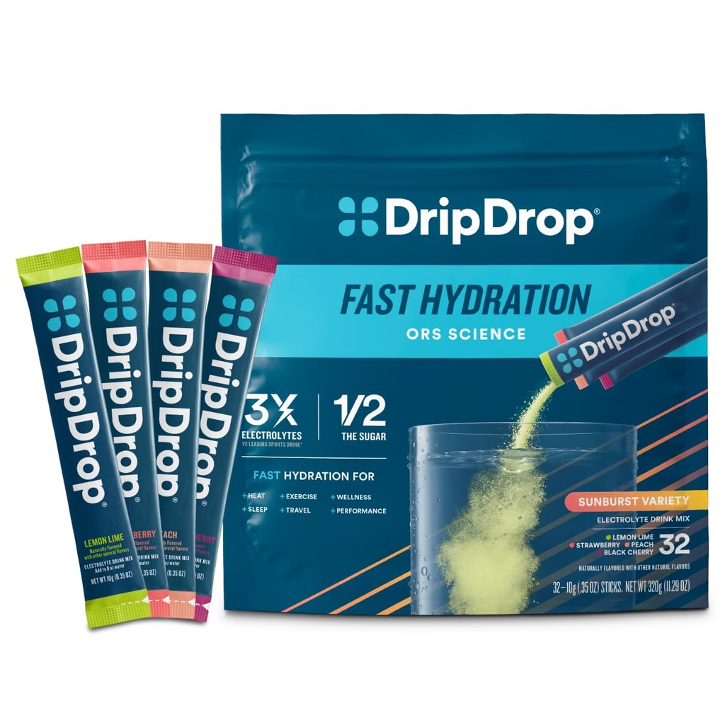 DripDrop Hydration Packets - Sunburst Variety Pack - Eletrólitos de serviço único em pó Drink Mix - Limão, Morango, Pêssego, Cereja preta - Não-GMO, Glúten livre, Vegan - 32 Sticks
