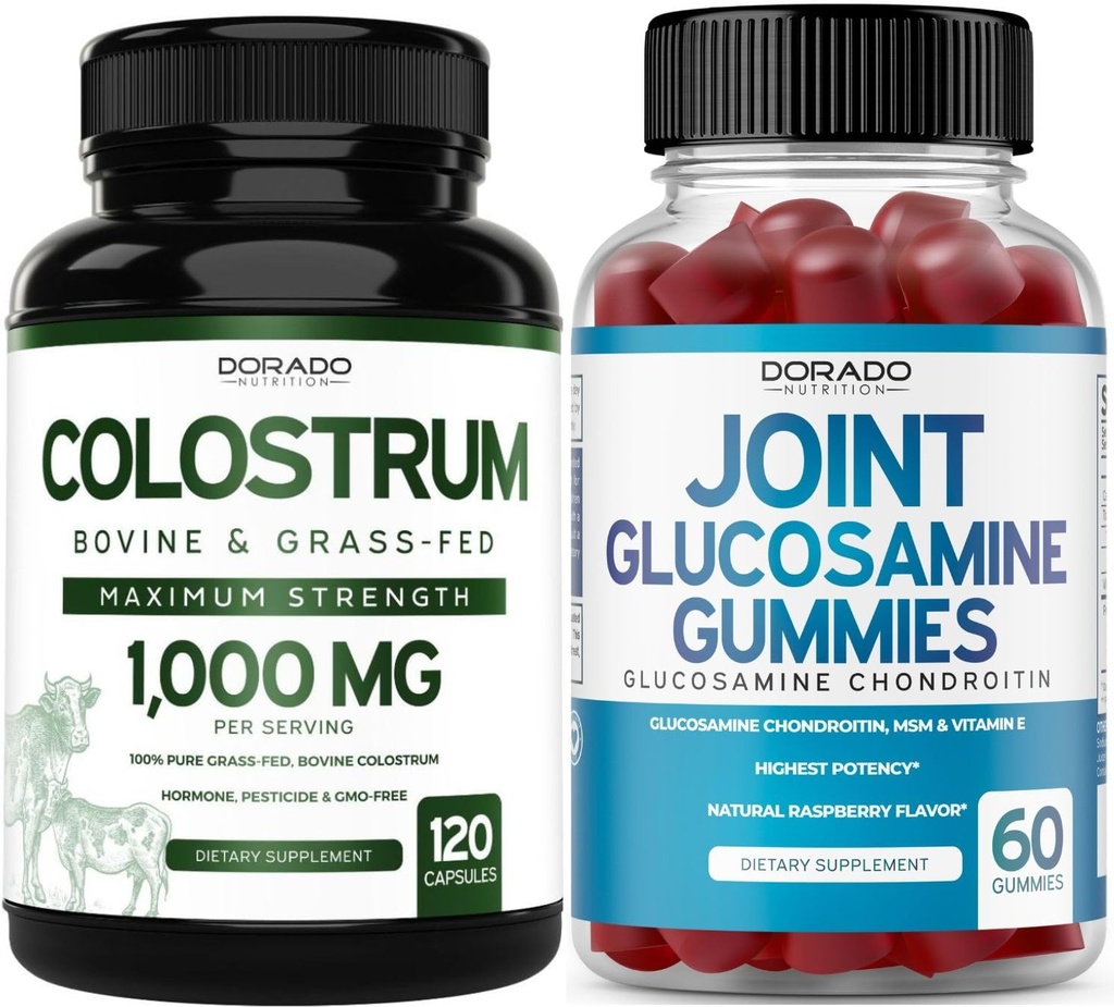 Colostro (120 Colostro) Cápsulas Bovinas para Adultos e Glucosamina Chondroitin (60 Gummies) Suplementos Conjuntos para Homens e Mulheres com Delicioso sabor de framboesa - Vegan Safe & Made in USA