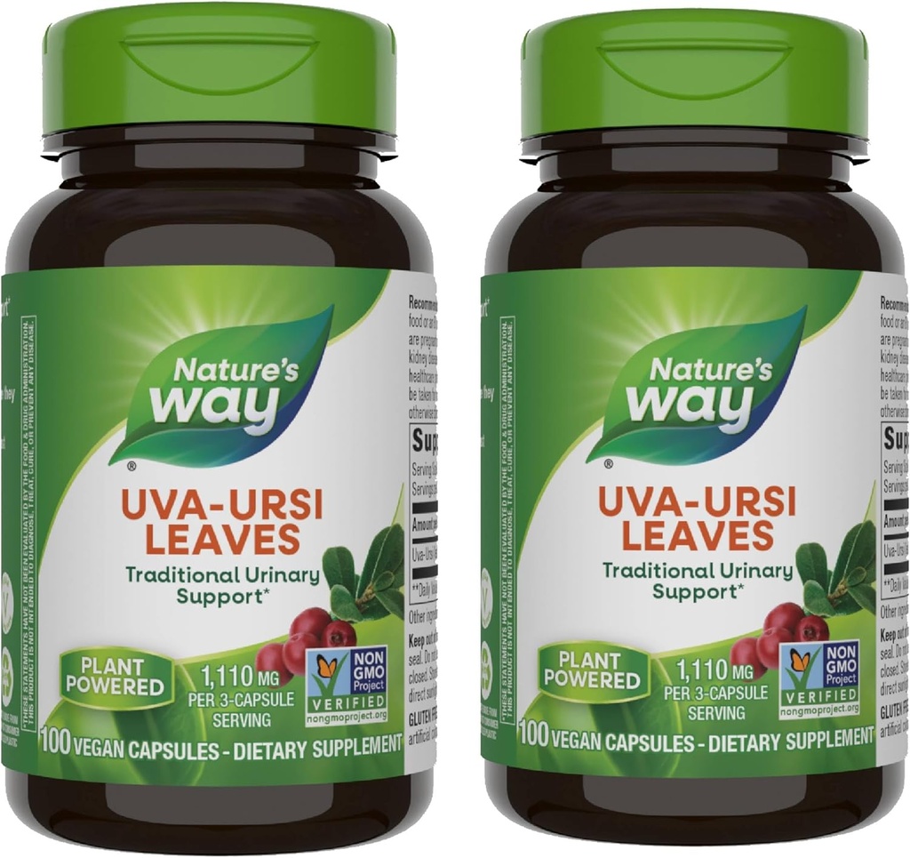 Nature's Way Uva Ursi Folhas, Suporte urinário tradicional*, 1,110 mg por serviço de 3 cápsulas, Projeto não-GMO verificado, Suplemento dietético de ervas, 100 cápsulas Vegan (Pacote de Maio Vary) - 2 Pacote