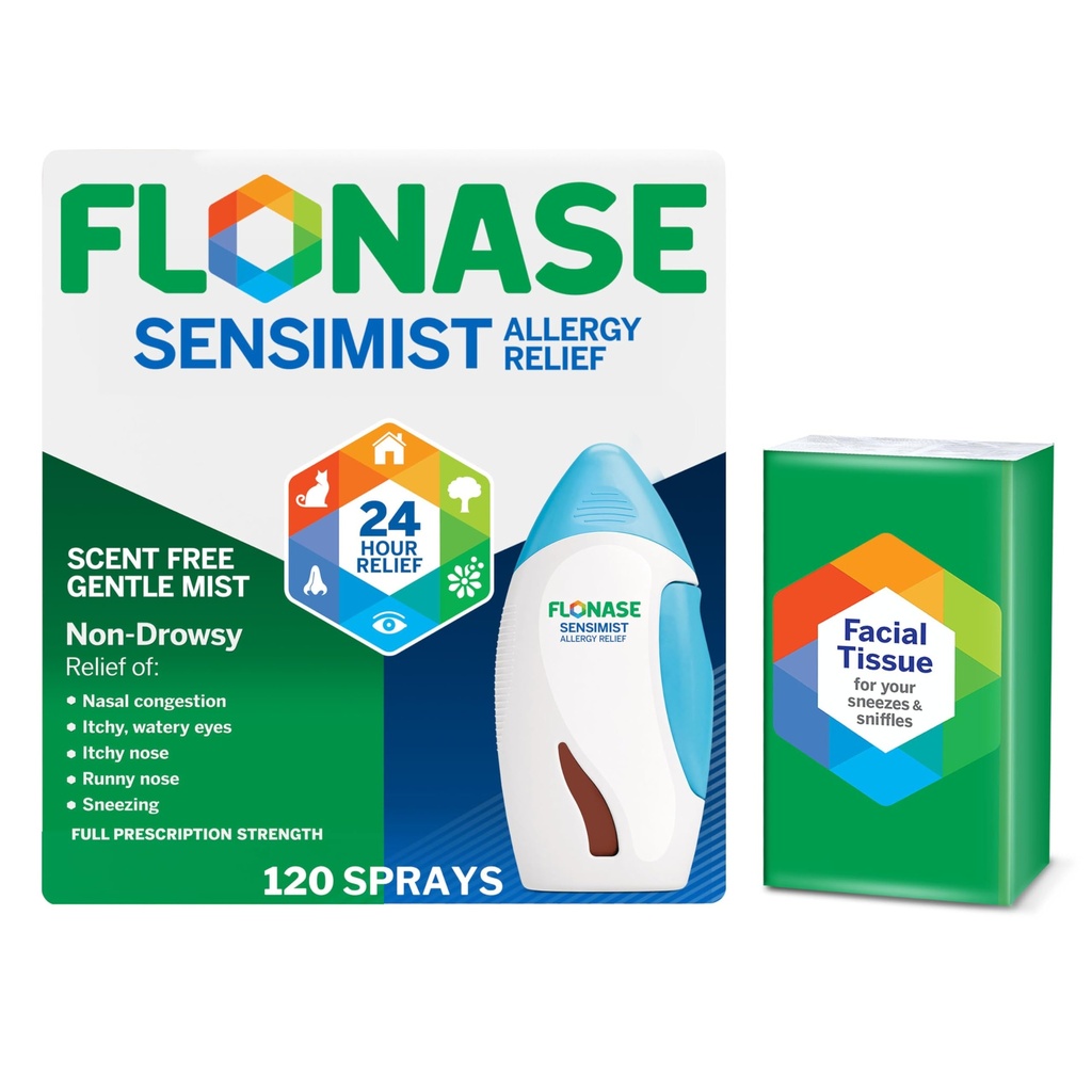 Fluonase Sensimist Alergia Alívio Pulverização nasal - Não-Drowsy 24HR Longa Alergia Alergia Alívio com Névoa Fina, livre de cheiro - 120 Sprays Plus Pacote de bônus de tecidos
