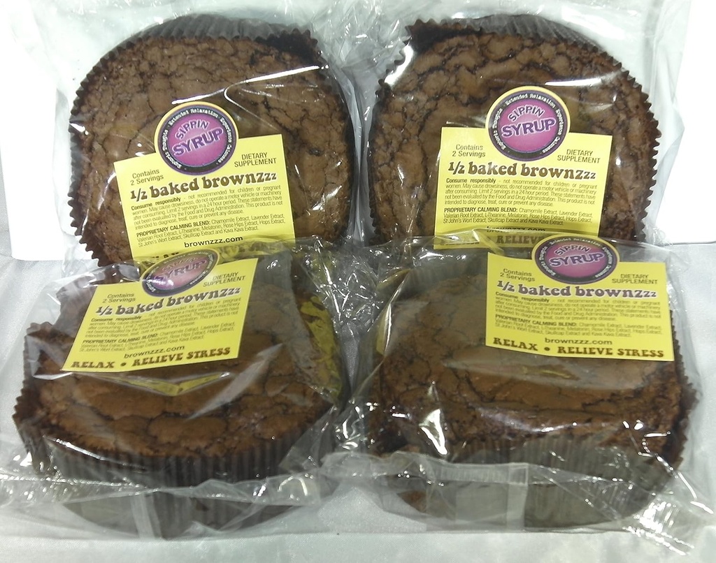 1/2 Baked Brownzzz - Relaxar e aliviar o estresse - Qty. de 4 em caixa - Suplemento dietético com Camomila, Lavanda, Valerian, St. John's Wort e Mais (4)