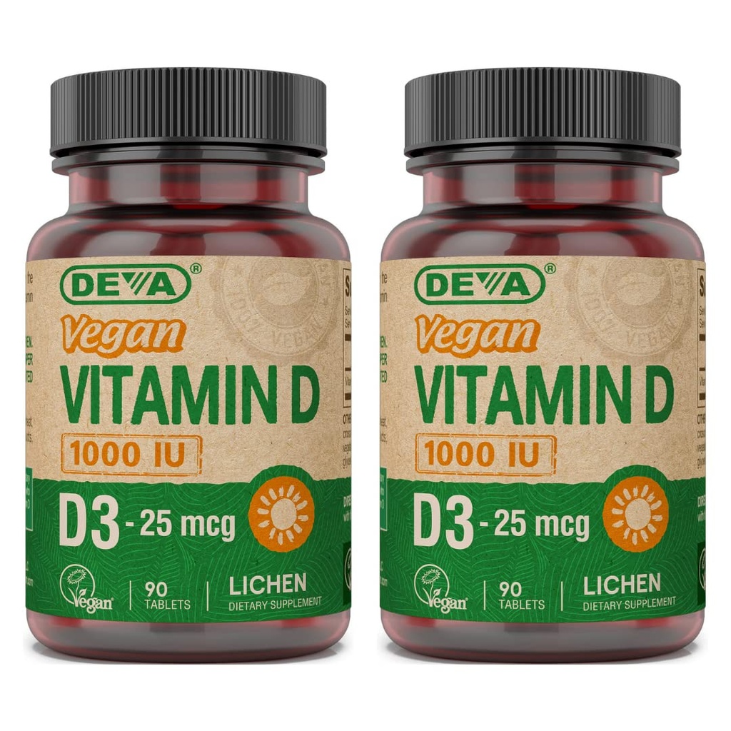 DEVA Vegan Vitamina D3 Suplemento - Comprimido uma vez por dia com 1000 UI - Colecalciferol - Planta Lichen Derived - 90 Comprimidos Pequenos, 2-Pack